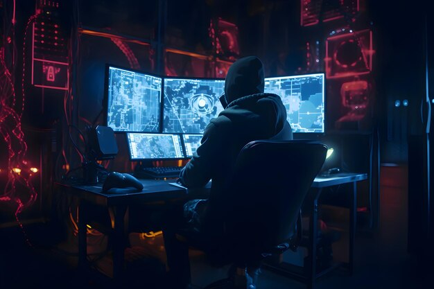 Cybercrime concept Hacker in dark room with computer monitors